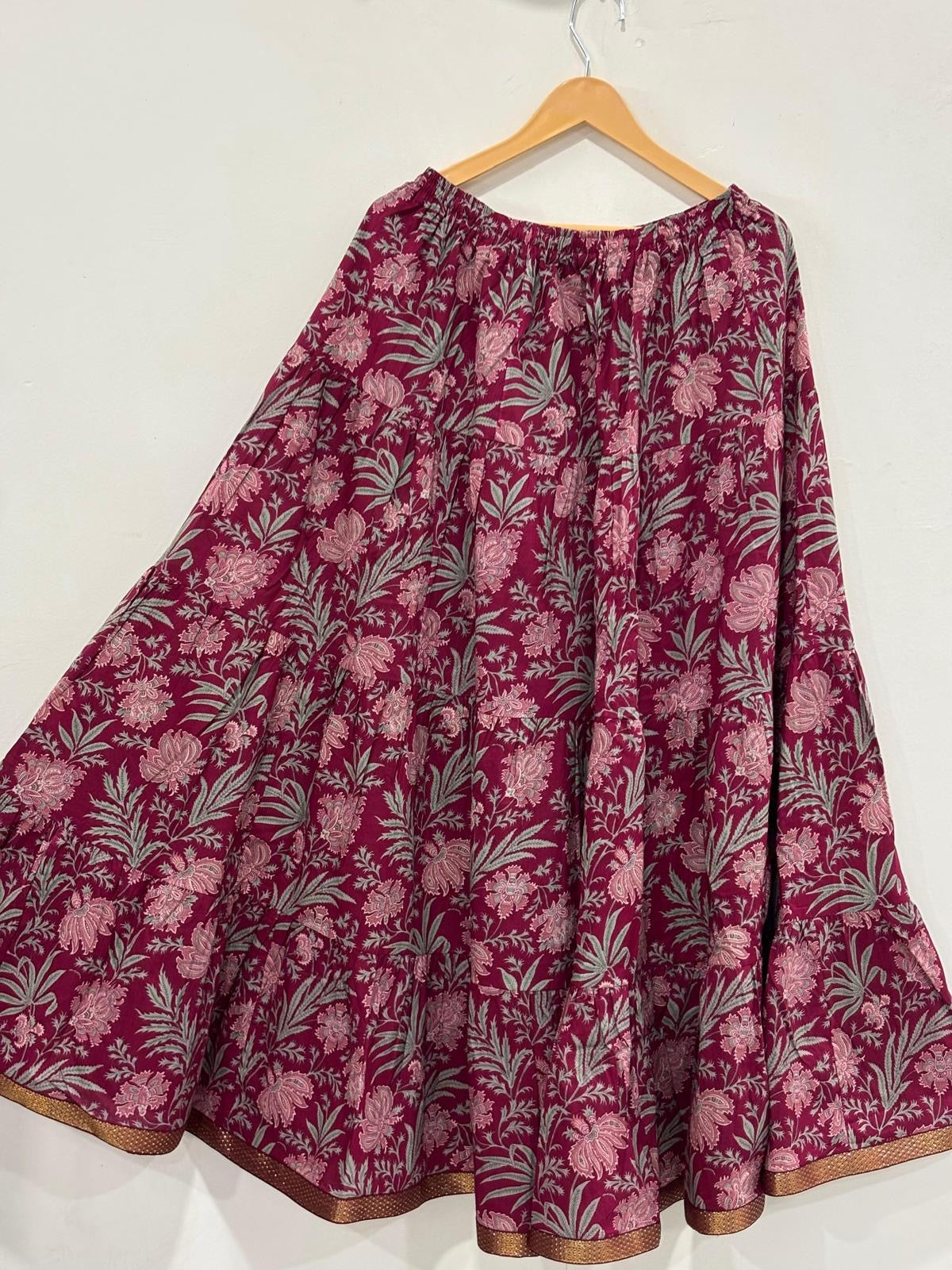 Blackfever Plum Floral Tiered Maxi Skirt with Gold Zari Border