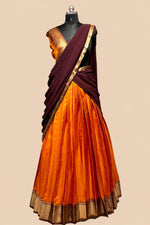 Burnt Orange Silk Half Saree Lehenga Set | Deep Maroon Dupatta | Gold Zari Border | Unstitched Blouse | One Size | Made in Kerala