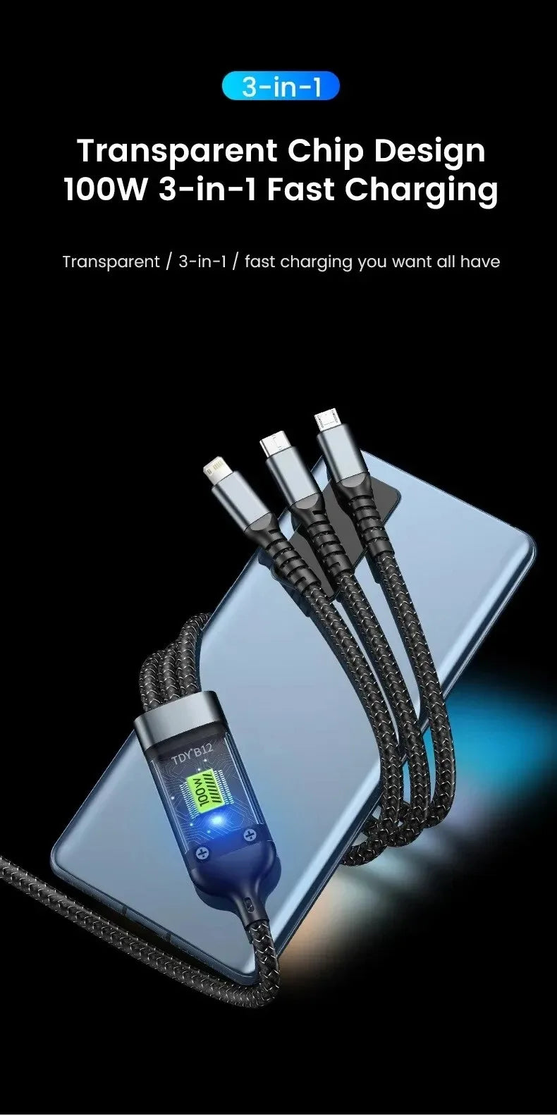 3 In 1 100w Transparent Fast Charging Cable Type C Usb Micro For Iphone Samsung Huawei Xiaomi Pilot Lamp Charger Usb C 6A