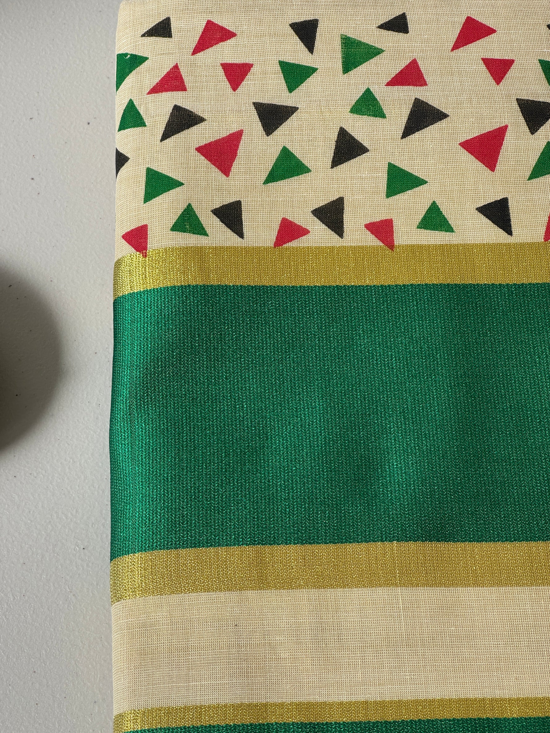 Traditional Kerala Cotton Onam Saree with Geometric Print & Green Kasavu Border S109