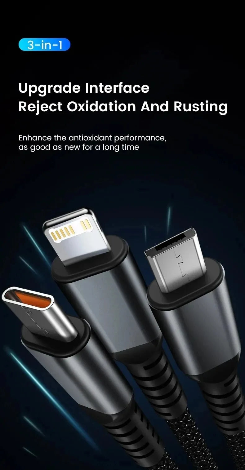 3 In 1 100w Transparent Fast Charging Cable Type C Usb Micro For Iphone Samsung Huawei Xiaomi Pilot Lamp Charger Usb C 6A