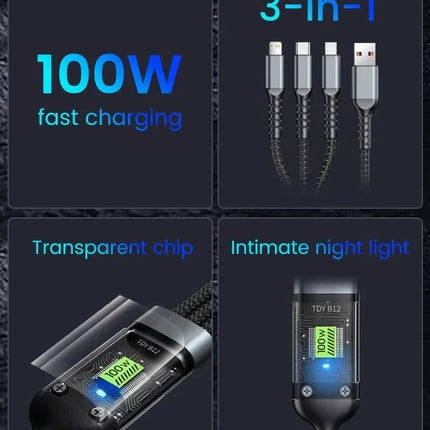 3 In 1 100w Transparent Fast Charging Cable Type C Usb Micro For Iphone Samsung Huawei Xiaomi Pilot Lamp Charger Usb C 6A