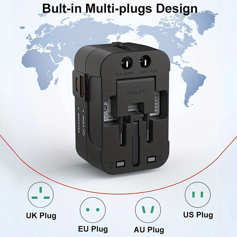 Universal Travel Adapter International All in One PD20W & QC18W Power Plug Wall Charger USB C Charging Ports for USA EU UK AU