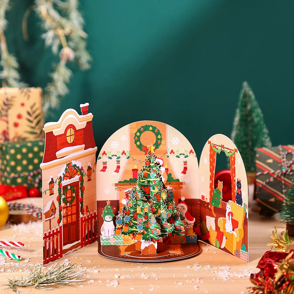 Cat Xmas Party Greeting Cards Christmas TreeThree-dimensional Pop Up Card  With Envelope 3D Postcard Holiday Supplies