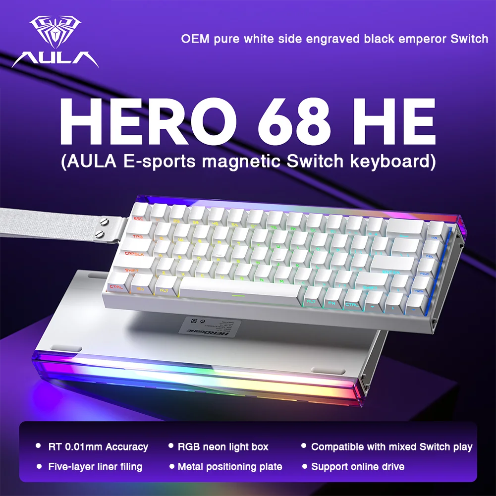 AULA HERO 68HE Magnetic Switch Keyboard Rapid Trigger 8K Return Esports Gamer Keyboard RGB Wired Gaming Keyboard