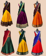 Pure Dola Silk Half Saree Lehenga in Mustard Yellow & Deep Maroon | Kerala Pavada Set with Zari Border Dupatta | South Indian Wedding Wear