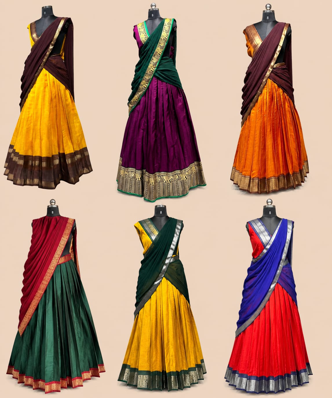Pure Dola Silk Half Saree Lehenga in Mustard Yellow & Deep Maroon | Kerala Pavada Set with Zari Border Dupatta | South Indian Wedding Wear