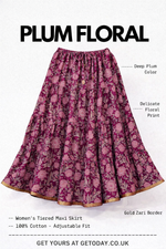 Blackfever Plum Floral Tiered Maxi Skirt with Gold Zari Border
