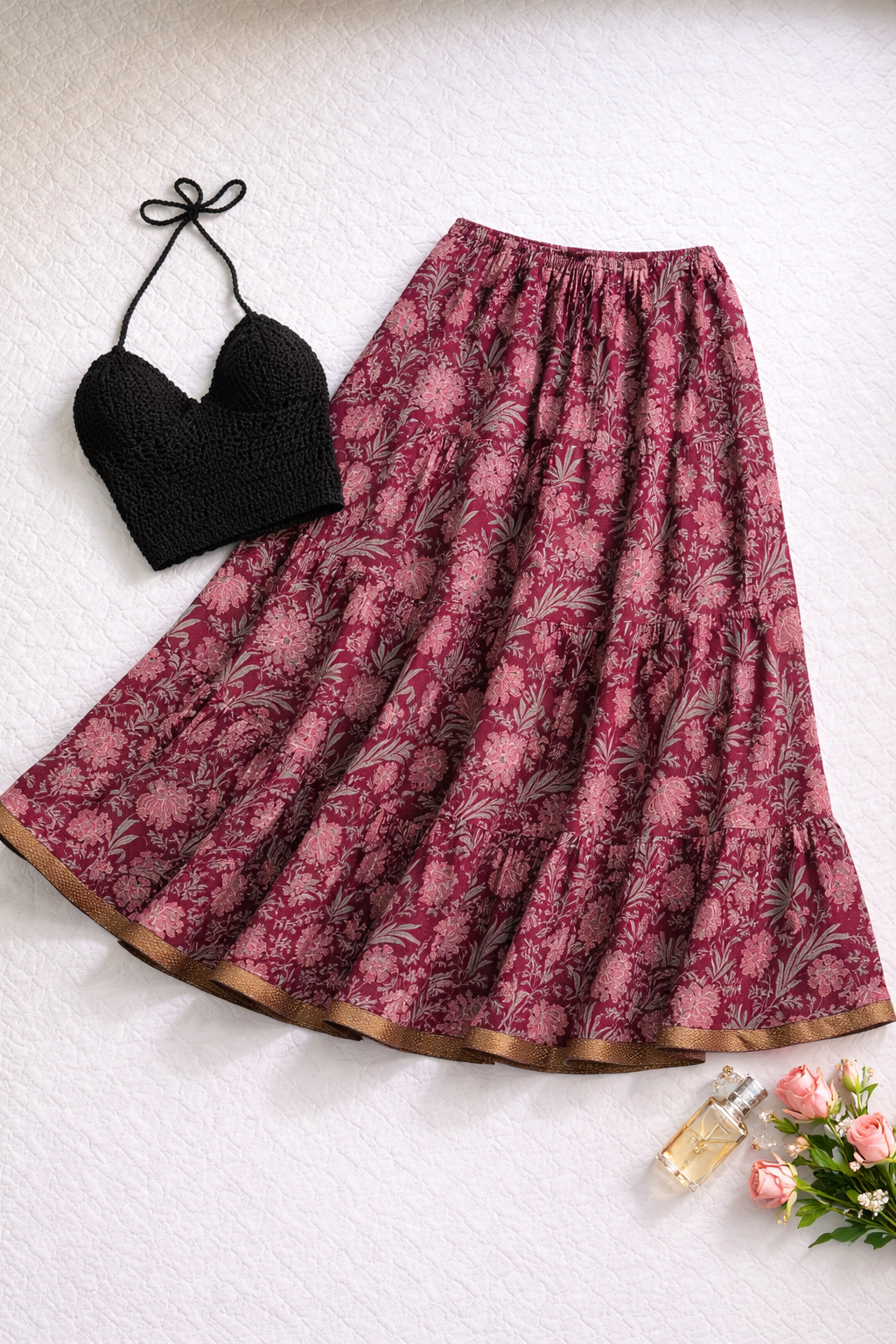 Blackfever Plum Floral Tiered Maxi Skirt with Gold Zari Border