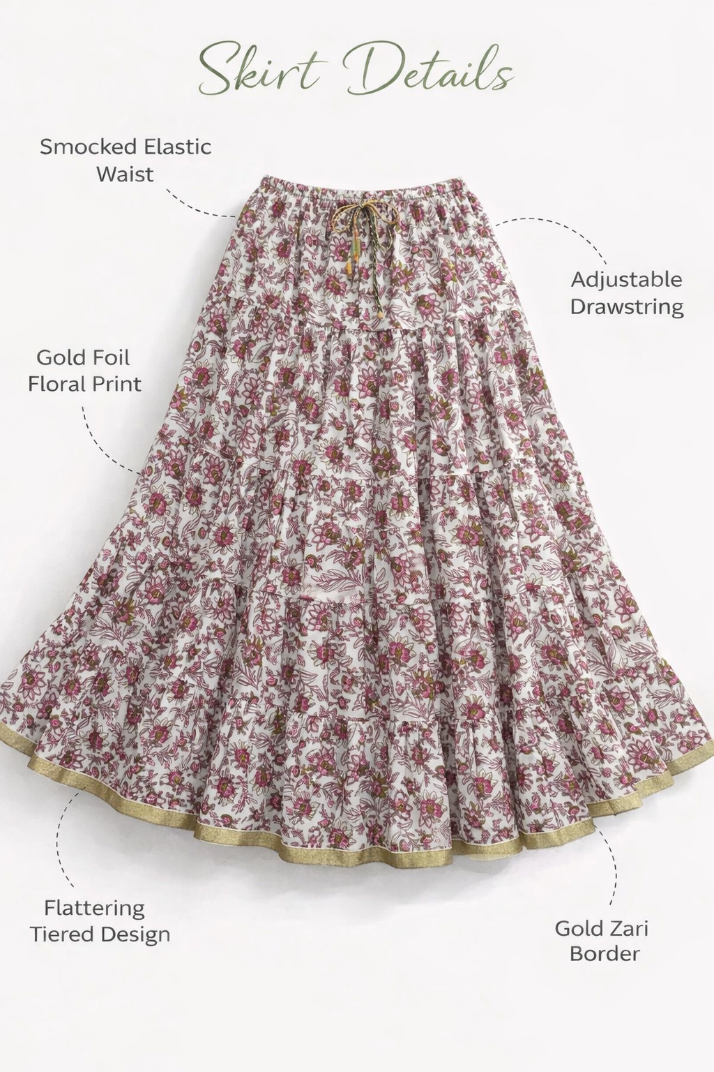 Blackfever White & Pink Floral Tiered Cotton Skirt – Free Size