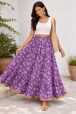 Blackfever Purple Floral Tiered Cotton Maxi Skirt with Gold Border-  Free Size