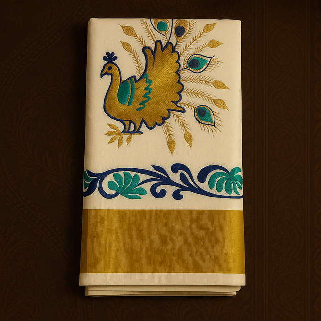 Kerala Cotton  Onam Saree with Golden Peacock Embroidery & Kasavu Border – Traditional Festive Wear S110