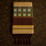 Kerala Cotton Saree with Burgundy Border & Floral Motifs – Traditional Onam Special S112