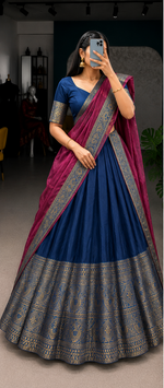Blue and pink saree with intricate patterns, worn by a person and displayed in different angles.
