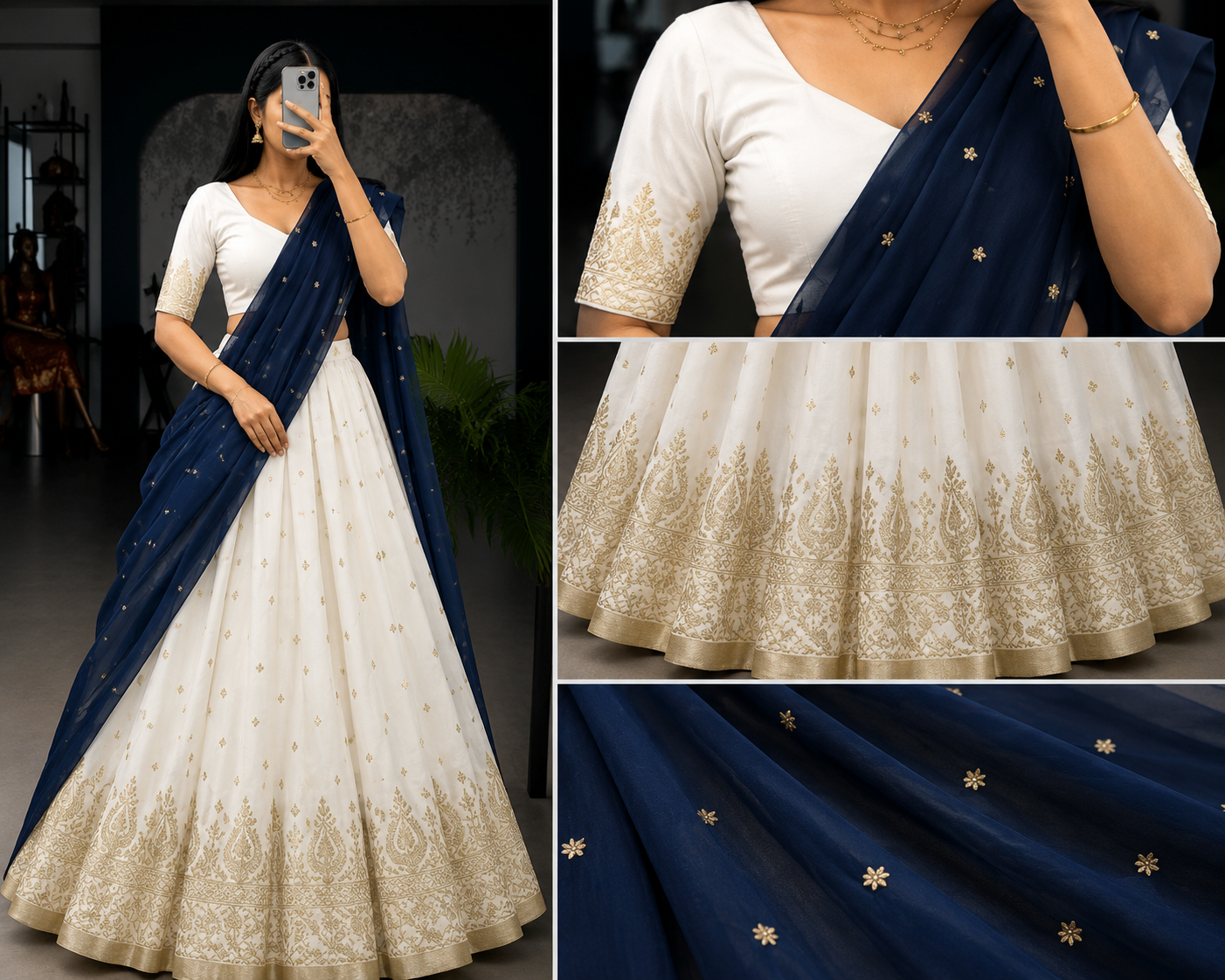 Mayura Gold Half Saree Set – Champagne Gold & Midnight Blue