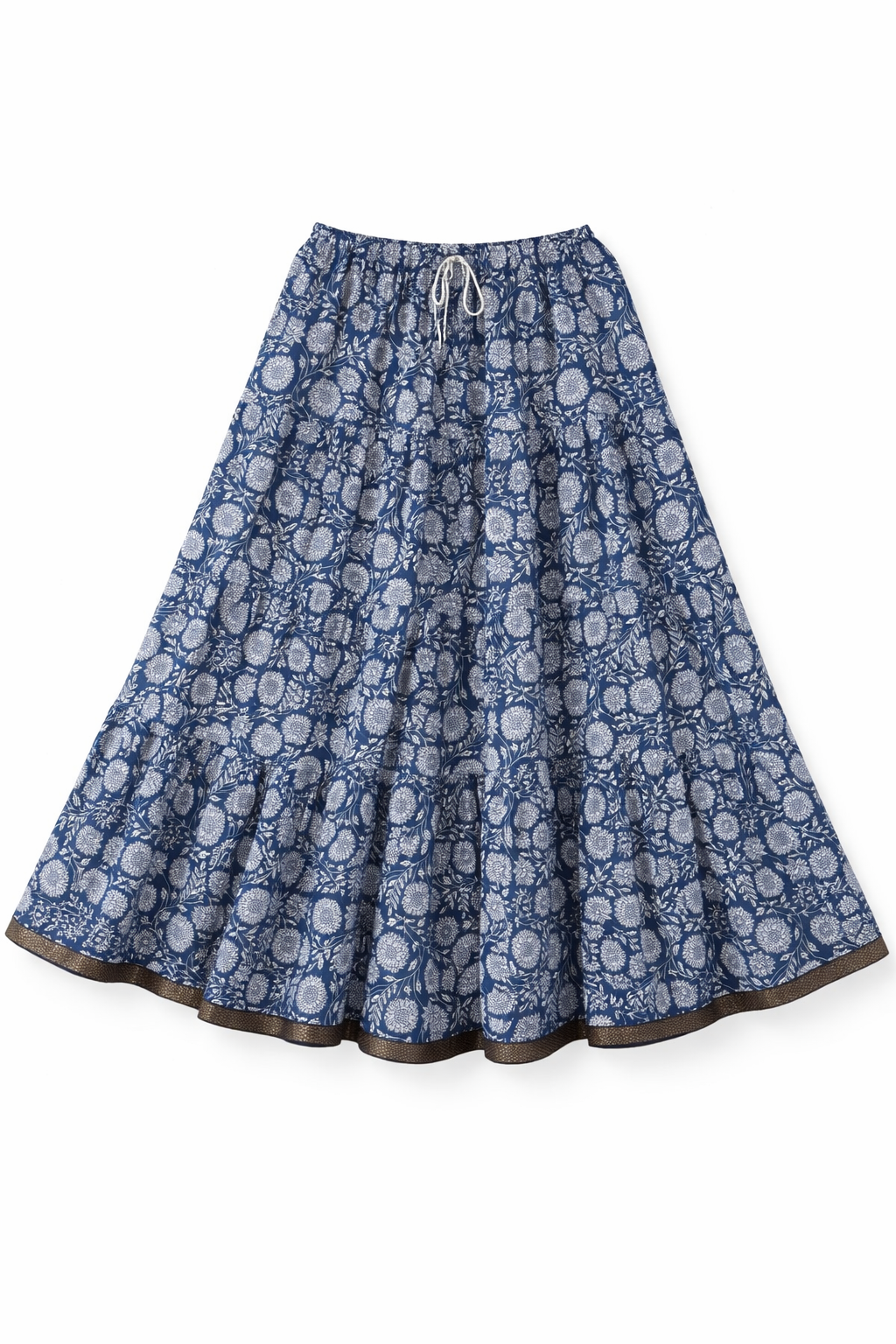 Blue Floral Tiered Cotton Maxi Skirt – Free Size