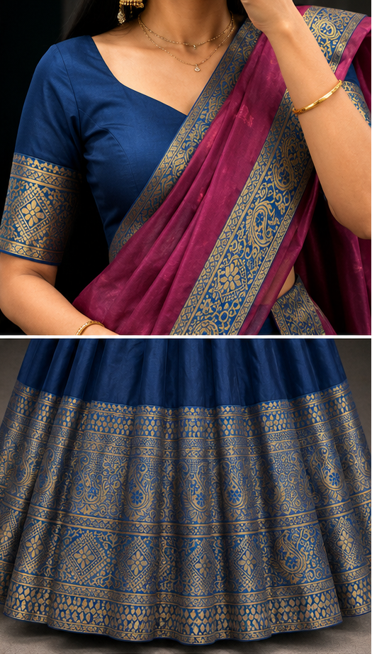 Blue and pink saree with intricate patterns, worn by a person and displayed in different angles.