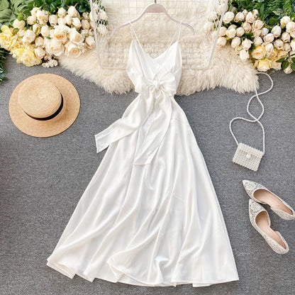 Women Sexy Beach Long Dress Summer V-neck Elegant White Evening Party Dressesladies Backless Bandage Satin Dress Vestidos