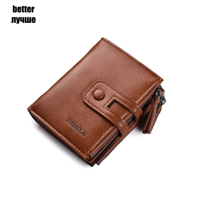 2024 Men Wallets Short PU Leather Double Zipper Hasp Men Purses Card Holder Coin Pocket Vintage High Quality Brand Men Wallets