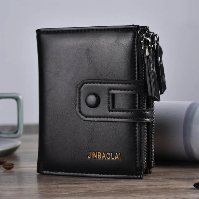 2024 Men Wallets Short PU Leather Double Zipper Hasp Men Purses Card Holder Coin Pocket Vintage High Quality Brand Men Wallets