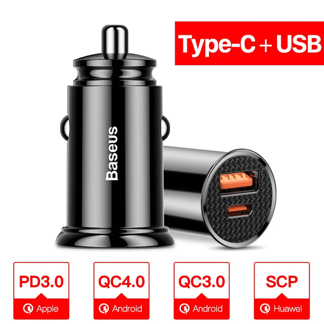 Baseus USB Car Charger Quick Charge QC 4.0 PD 3.0 5A Dual USB Type C Fast Charging Car Charger For iPhone 14 Pro Xiaomi POCO