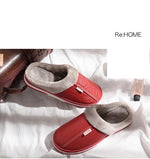 Men's Big Size Winter Slippers Home PU Leather Shoes for Men Indoor Waterproof Fur Cotton Male Bedroom Slipper Flat Houseshoes