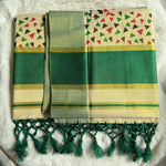 Traditional Kerala Cotton Onam Saree with Geometric Print & Green Kasavu Border S109