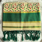 Traditional Kerala Cotton Onam Saree with Geometric Print & Green Kasavu Border S109