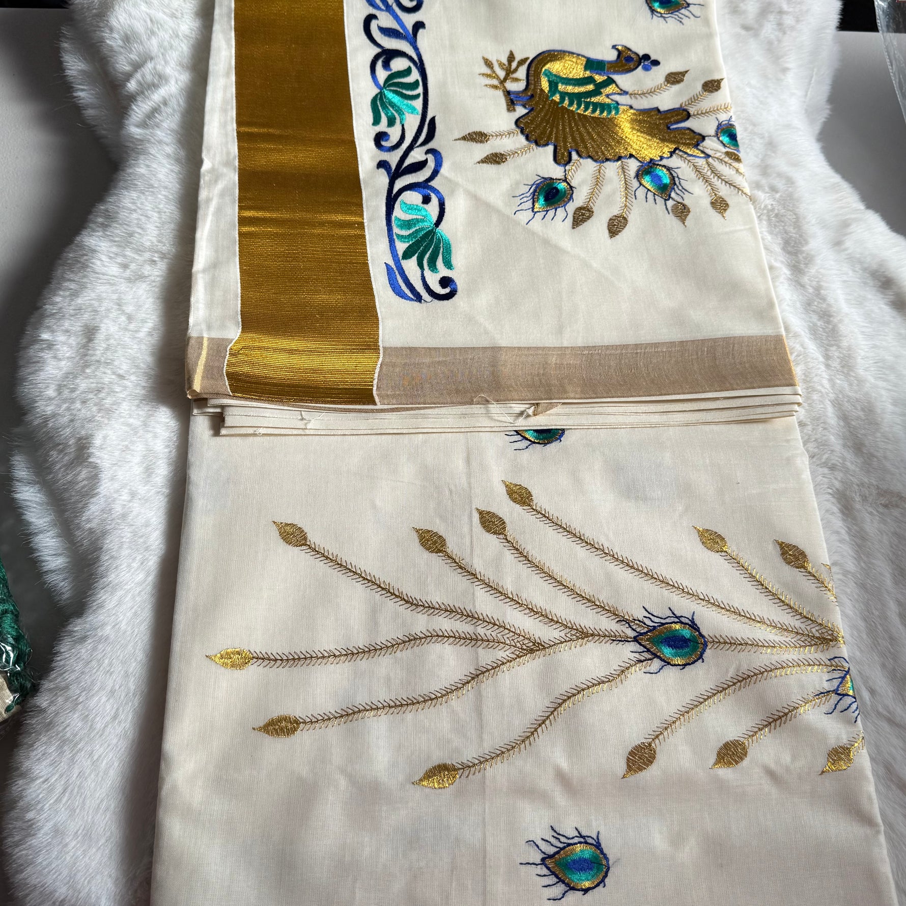Kerala Cotton  Onam Saree with Golden Peacock Embroidery & Kasavu Border – Traditional Festive Wear S110
