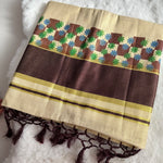 Kerala Cotton Saree with Burgundy Border & Floral Motifs – Traditional Onam Special S112
