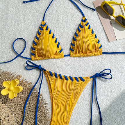 2025 Halter Wrinkled Weave Bikini Women Swimwear Female Swimsuit Two Pieces Bikini Set Brazilian Bathing Suit Swim Beach Wear