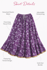 Blackfever Purple Floral Tiered Cotton Maxi Skirt with Gold Border-  Free Size