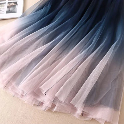 MEXZT Gradient Tulle Midi Skirt Women Elegant Mesh Pleated Skirts Summer Korean Fashion High Waist Casual All Match A Line Skirt