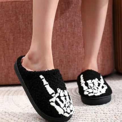 Skull Finger Pattern Skull Embroider Plush Home Thick-Soled Comfortable Woolen Cotton Slippers Rock Finger Warm Non-Slip Indoor Slippers for Men and Women Halloween Gifts