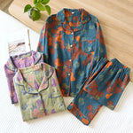 Japanese Spring and Autumn New Women's Pajama Set 100% Cotton Vintage Long Sleeved Pants Two Piece Set for Home Furnishings