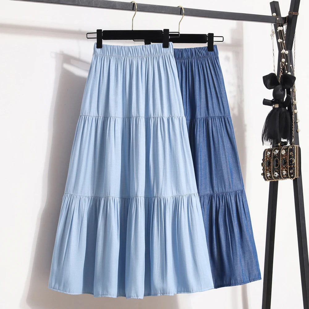Women'S Patchwork Denim Color Spliced A-Line Skirt Tencel Big Swing Long Thin Skirt