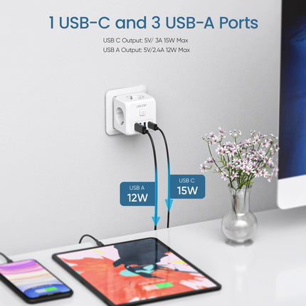 LENCENT EU Plug Power Strip Wall Socket with 3 AC+3 USB QC 18W +1 Type C PD 35W Fast Charger Adapter 7-in-1 Socket On/Off Switch
