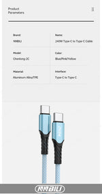 NNBILI 240W USB C Cable Power Wire QC4.0 for MacBook Samsung iPhone 15 16 USB C to C PD Cable 48V5A Fast Charging Type C Cable