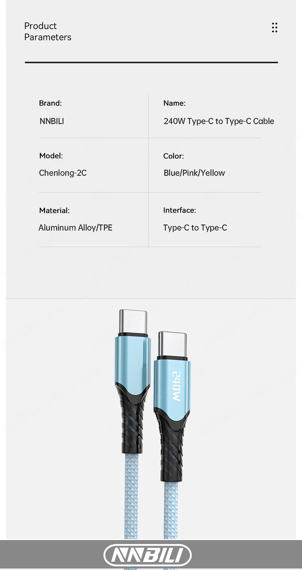 NNBILI 240W USB C Cable Power Wire QC4.0 for MacBook Samsung iPhone 15 16 USB C to C PD Cable 48V5A Fast Charging Type C Cable