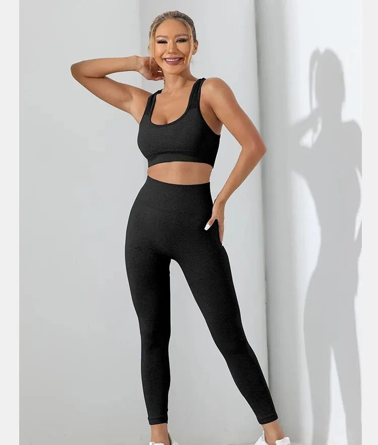 Yoga Basic 2pcs Seamless High Stretch Yoga Set Tracksuit Gym Set Crisscross Back Cami Hip-hugging Tummy Control Leggings