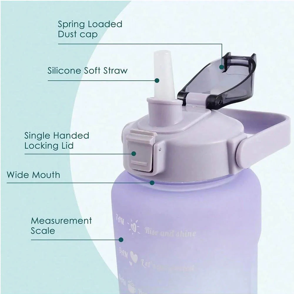 2L Water Bottle Motivational Water Bottle with Time & Capacity Marker BPA-Free Sports Water Cup Fitness Gym Running Exercise