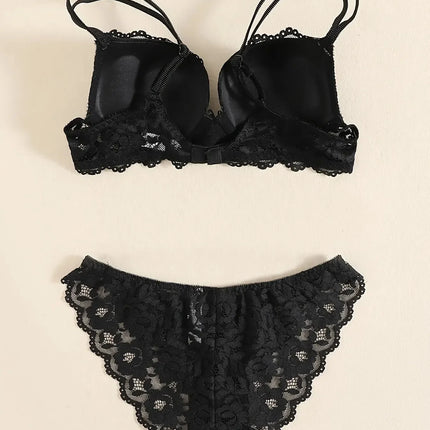 1 Set Elegant Erotic Lace Embroidery Breathable Fabric Lingeries : Push-Up Bra, Low Waist Sheer Panty - Ultimate Valentine's Day