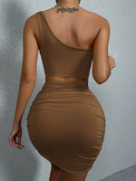 Sexy One Shoulde Backless Bodycon Mini Dress Women's Waist Hollow Out Tight Pleated Wrapping Skirt 2023 New Style