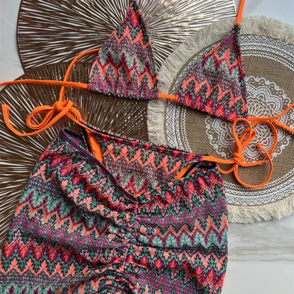 Women Swimsuit Colored Maple Leaves Knitted Bikini Skirt Three-Piece Set Split Swimsuit Bikini