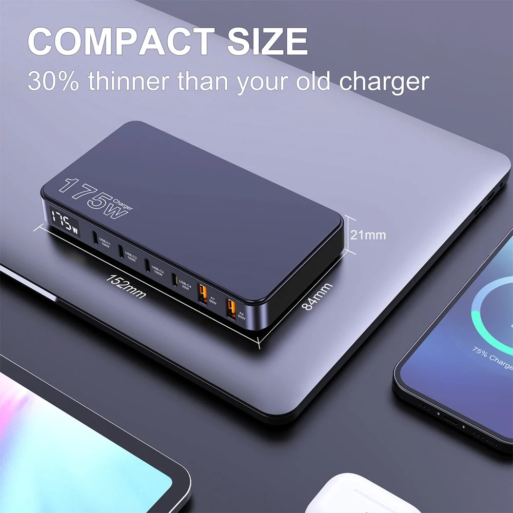 175W GaN USB C Charger LED Display 6-Port Desktop Charger