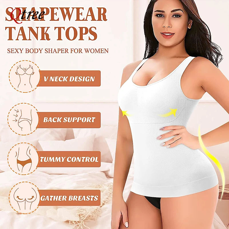 Qtree Women Tummy Control Shapewear Classic 2-IN-1 with Padded Bra High Elastic Strench Vest Body Shaper Slim Up Lift Corset