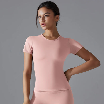 Women Running Sports T Shirt Summer Short Sleeve Round Neck Breathable Stretchy GYM Yoga Slim Fitness Active Top Tee