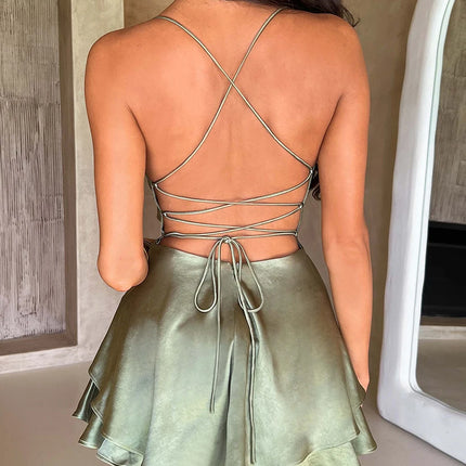 Women Sleeveless Satin Playsuits Fashion Summer Short Sling Backless Jumpsuits Cross Tie-Up Bandage Romper Streetwear Outfit