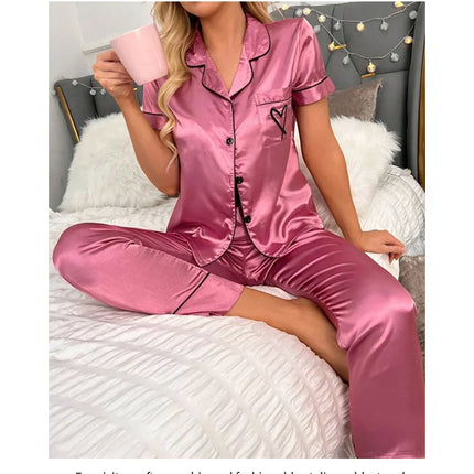 Women's Pajama Pocket Heart Embroidered Pajama Set Satin Comfortable Short Sleeve Button Pajama Lounge Pant For Women Sleepwear