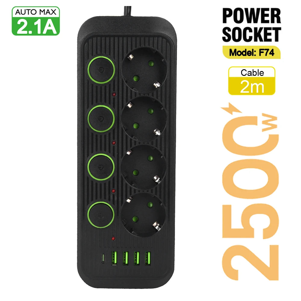 EU Plug Multiple Sockets AC Outlets Power Strip Extension Cable With USB Ports Surge Protector Network Filter Individual Switch